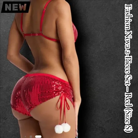 New Fashion Nova Shiniest Toy Sequin Pom Pom Bra & Panty 2-Piece Set – Red (Size - Picture 2 of 4